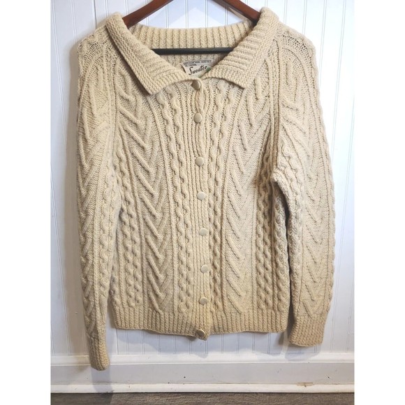 Hand knit Sweaters - Vintage St. Crone Irish wool cardigan fisherman shawl Aran sweater Medium